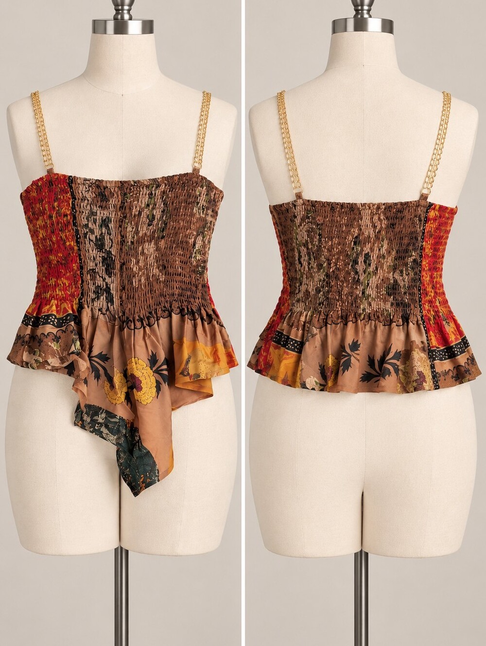 NWT Micas Patchwork Scarf Print Smocked Chain Strap Corset Top